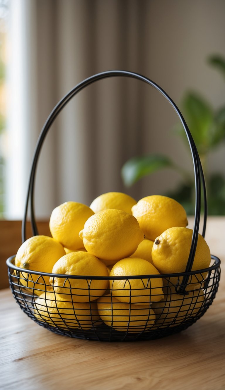 A black wire basket filled with fresh lemons on a wooden dining table.